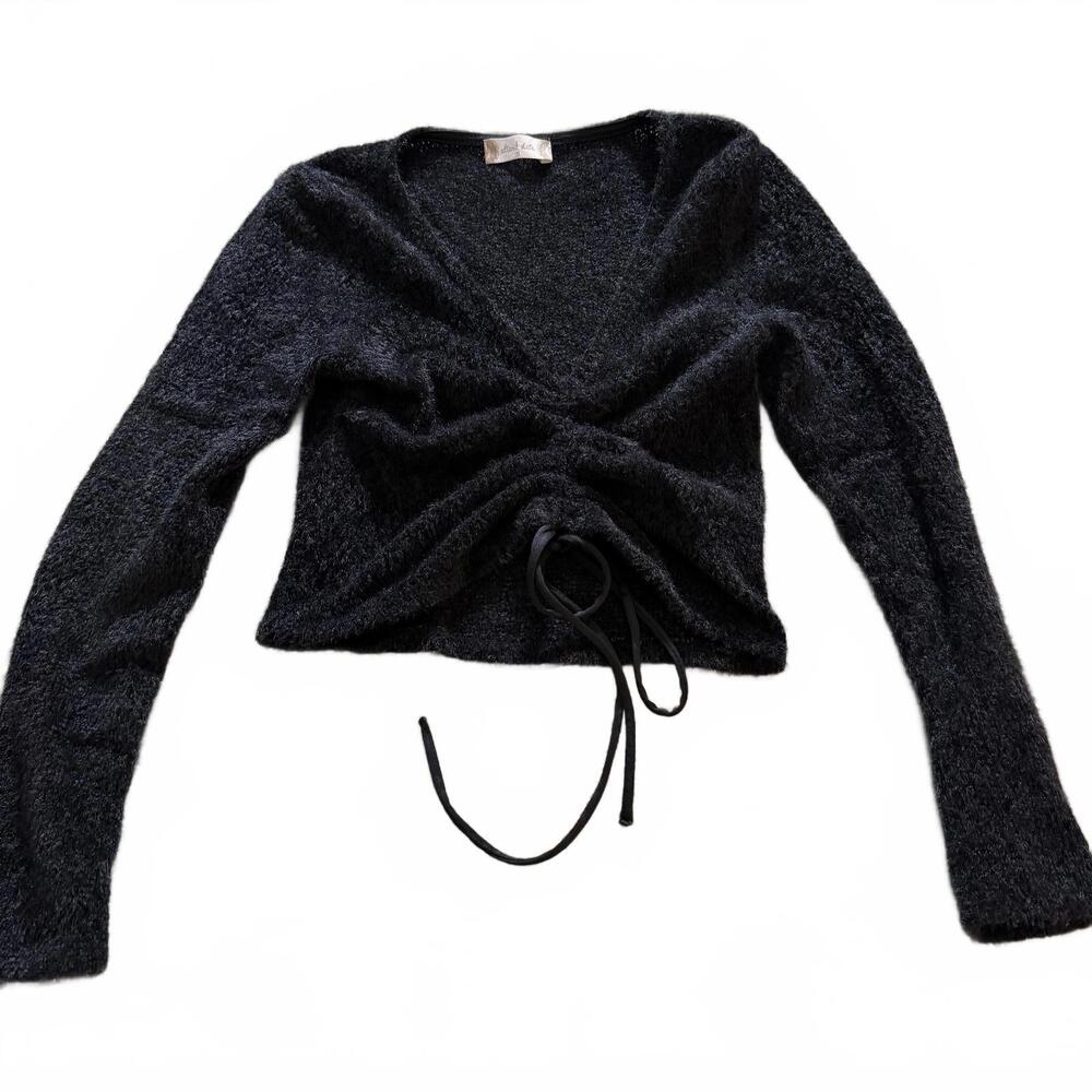 ALTAR'D STATE Sz S Black Fuzzy Long Sleeve Cropped String Cinch Front‎ Sweater